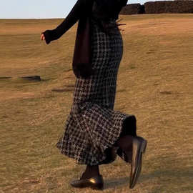 冬季新款小香风高腰显瘦千鸟格包臀鱼尾半身裙御姐风小个子长裙女