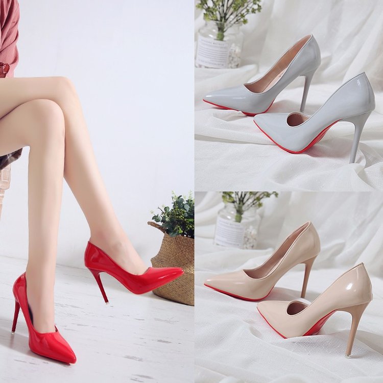 Black blue high heels nude heels pointed-toe made of patent leather
