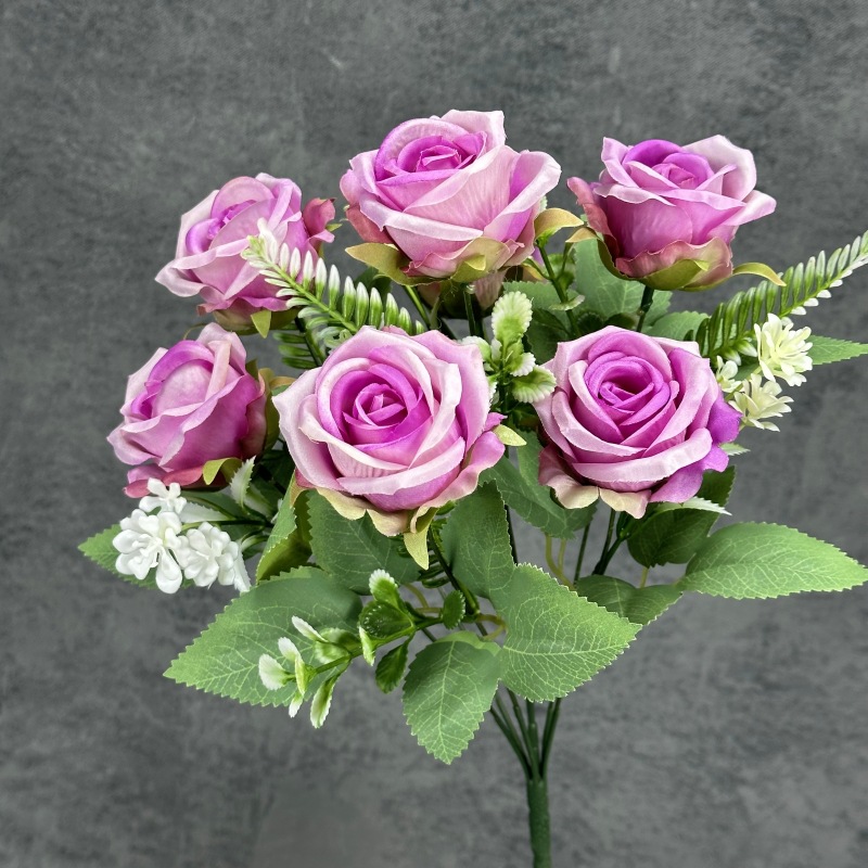 Simulación de 7 rosas rojas hechas a mano ramo de rosas bodas decoración del hogar decoración floral falsa adornos al por mayor