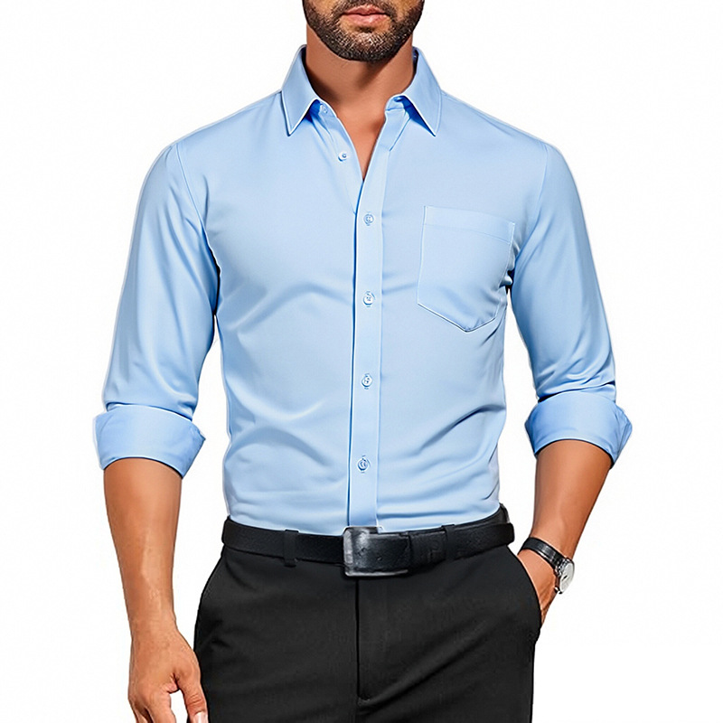 Camisa blanca de manga larga para hombre de primavera delgada de Amazon, transpirable elástico y antiarrugas, top profesional de negocios de color sólido para hombre