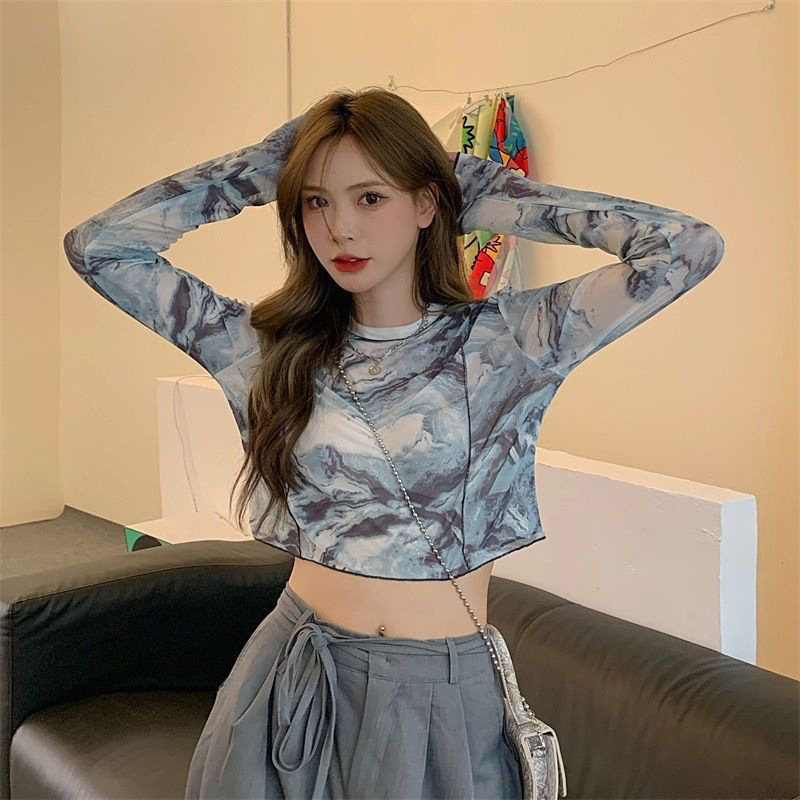 2023 Summer new short tie-dyed bottoming shirt Women's inner round neck casual sun protection long sleeve T-shirt thin top