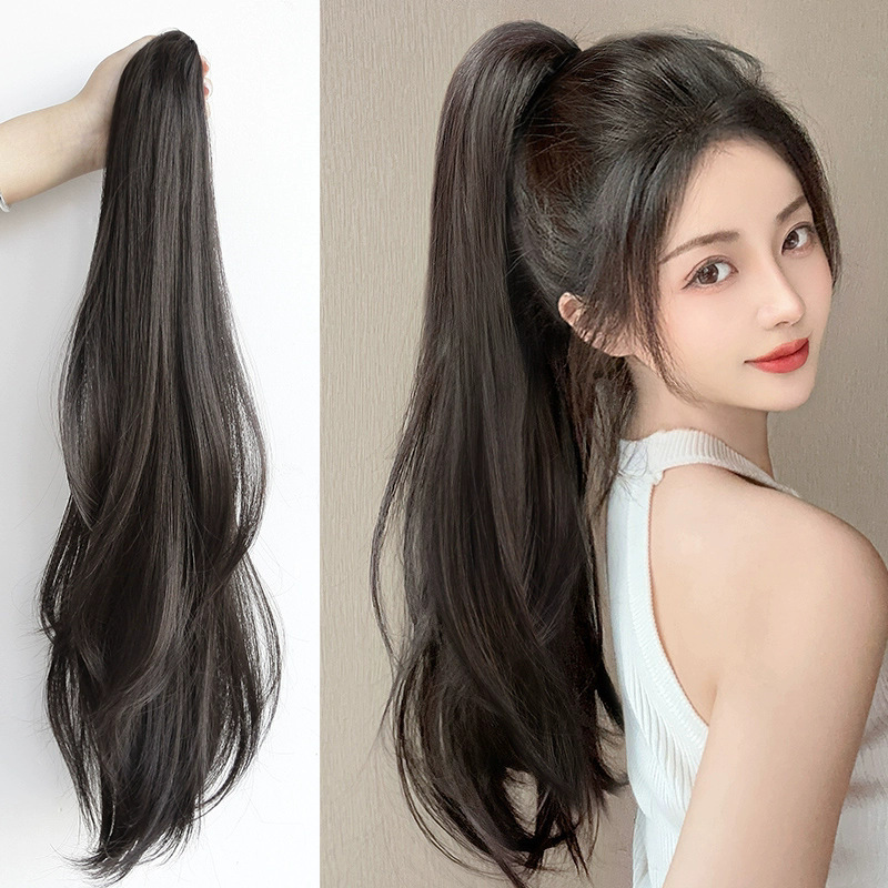 Slightly Curly Hair Clip Ponytail Wig Female Simulated Human Hair Koi Ponytail Natural Outer Twist Medium Long Hair Fake Braid