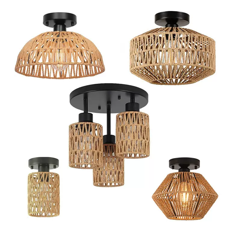 亚马逊美式仿麻绳藤条手工编织吸顶灯民宿餐厅酒店客栈吧过道吊灯