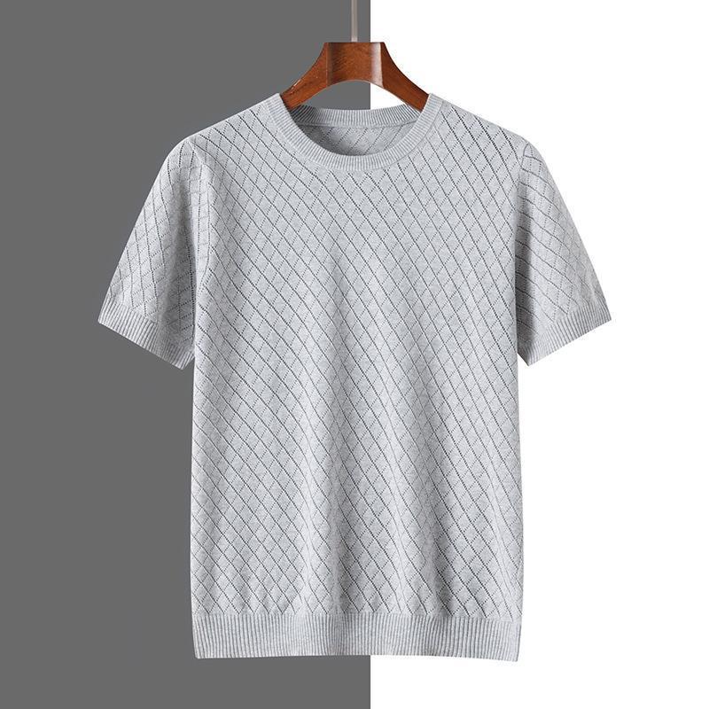 Spring and summer new pure cotton thread hollow short sleeve men's round neck breathable soft sweater T-shirt top tide