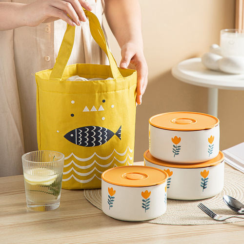 Three-piece set of ceramic fresh-keeping bowls, microwaveable and refrigerated, sealed with lid, household ceramic lunch box, fruit lunch box