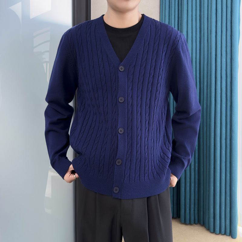 2024 Autumn/Winter New Cardigan Sweater American Retro Casual Lazy Style V-Neck Knitwear Men's Solid Color Jacket