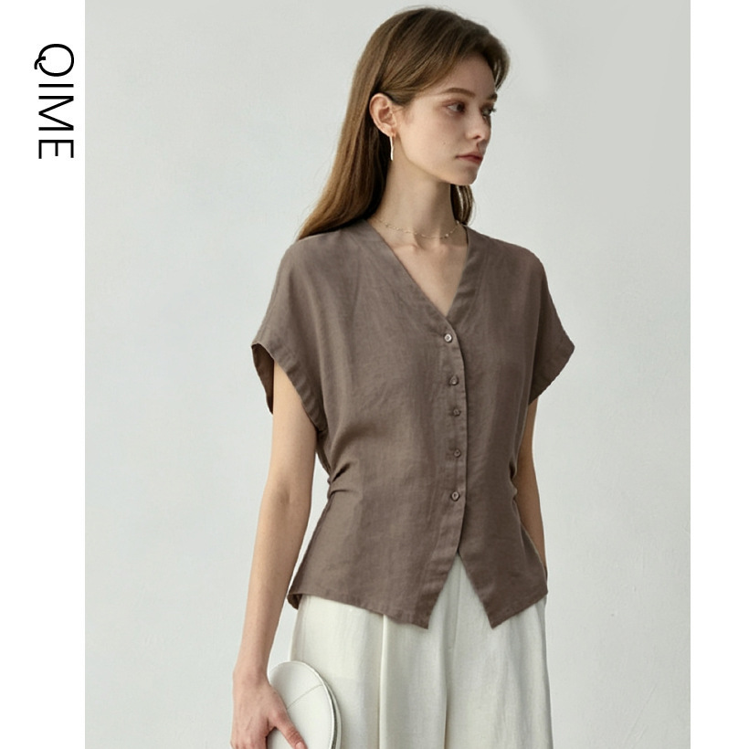French-Style Linen Shirt for Women, New Summer Model, Slim-Fit, Elegant Blouse, Short-Sleeve Top, High-End Old Money Style
