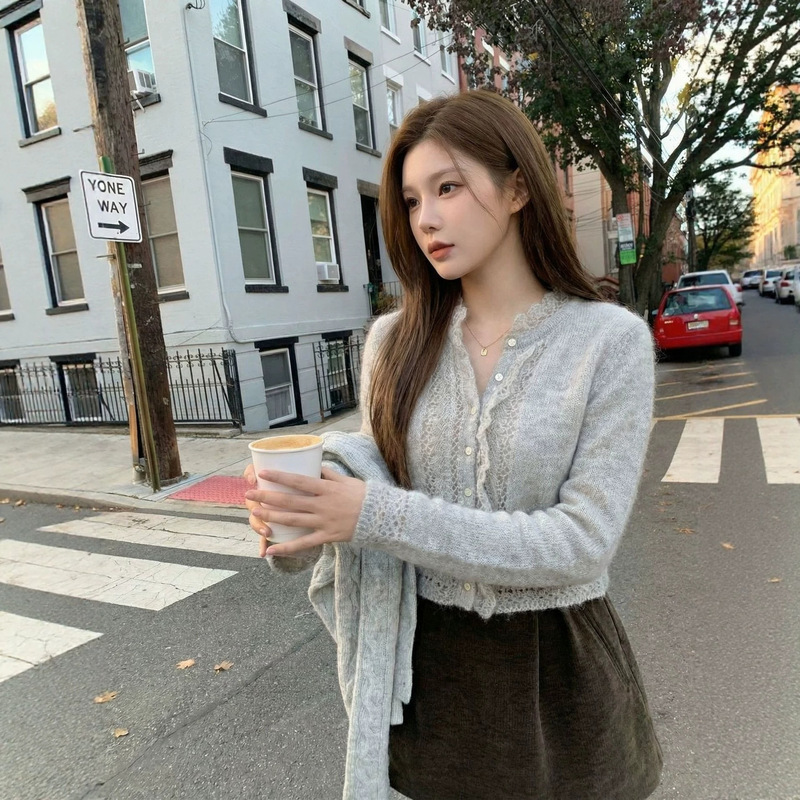 In stock 2025 winter new Korean style solid color hollow lace stand-up collar crochet knit cardigan and skirt for women In stock 2025 winter new Korean style solid color hollow lace stand-up collar crochet knit cardigan and skirt for women