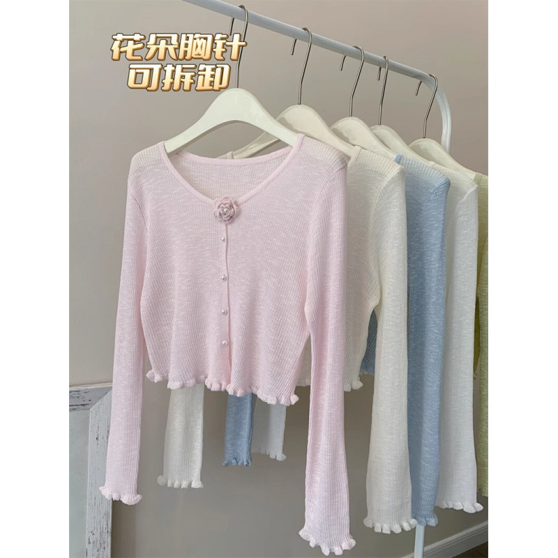 French-Style Rose Ice Silk Knit Sun-Protective Cardigan with Ruffled Edges, Thin New Chinese-Style Round Neck Shawl Jacket French-Style Rose Ice Silk Knit Sun-Protective Cardigan with Ruffled Edges, Thin New Chinese-Style Round Neck Shawl Jacket