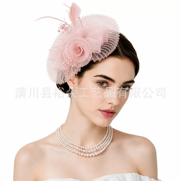 Amazon Sweet Mesh Flower Headpiece European and American Bridal Hair Accessory for Horse Racing Festival, Banquet, Party, Feather Hair Accessory Wholesale