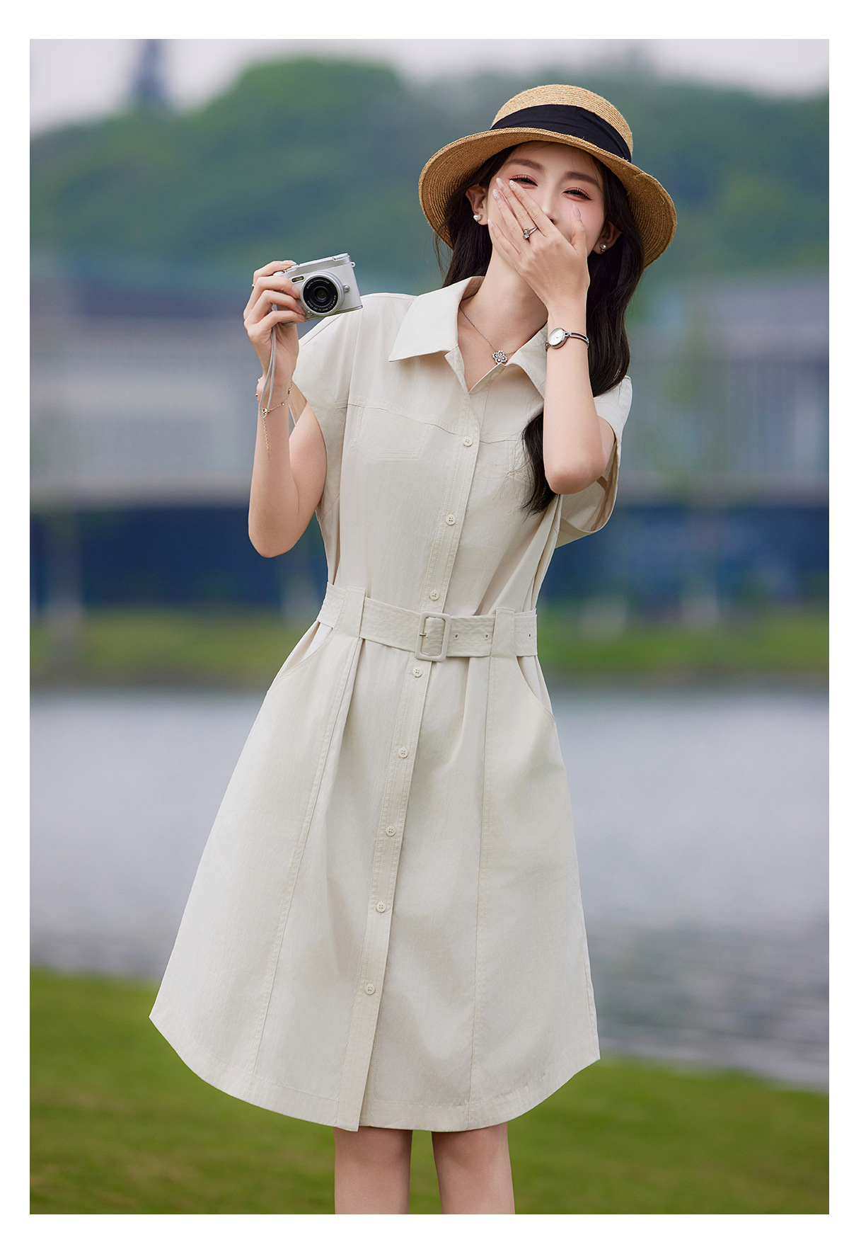Đầm polo nữ cổ bẻ thắt eo dáng suông midi mùa hè — màu xanh nhạt, màu trắng ngà chi tiết 23