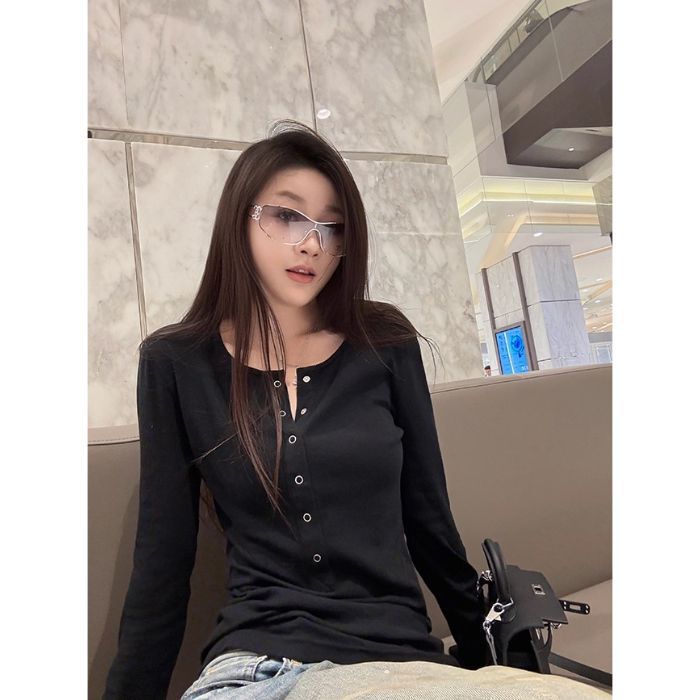 韩系弹力亨利领打底衫上衣女2025早秋新款修身显瘦极简风长袖T恤|undefined