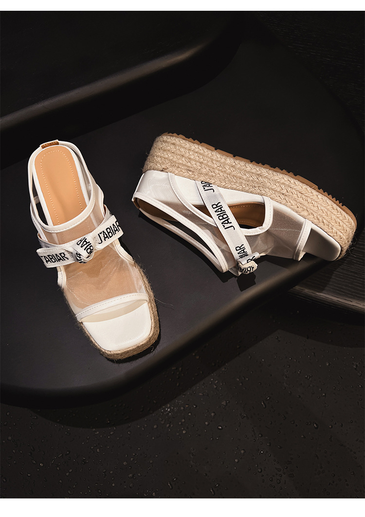 Sandal hở mũi nữ đế xuồng lưới chấm bi gót độn cao 2025 — Chấm bi trắng, Màu trắng chi tiết 12