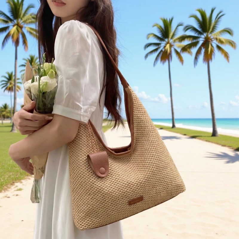 Sommerliche Stroh-Einkaufstasche im französischen Stil, Strandtasche, gestreift, gewebt, 2026_voghion.com