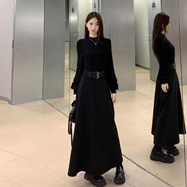 法式赫本风掐腰长袖黑色连衣裙子女秋冬季2026新款小个子入秋长裙