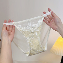 高级感丝绒拼接网纱蕾丝内裤薄款透明新款三角裤秋冬新高开叉裤衩