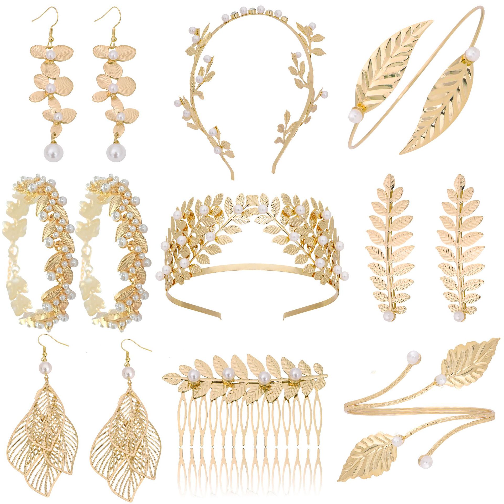 Cross-Border New Party Pearl Earrings Armband Leaf Wedding Headdress European and American Baroque Leaf Headband Hair Accessories