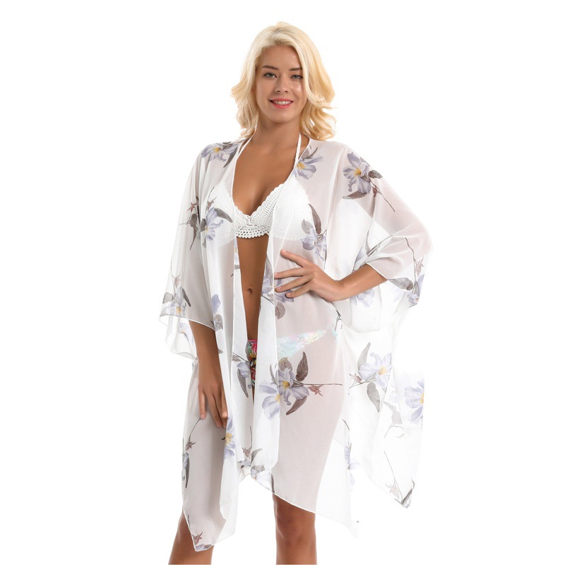 Venta caliente transfronteriza primavera y verano estilo europeo y americano corto gasa blusa de playa protección solar sombrilla kimono cardigan