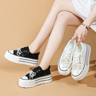Spring 2025 New Sequin Pearl Bow Thick Bottom Puffin Biscuit Shoes Casual Shoes Board Shoes White Shoes Women's Shoes