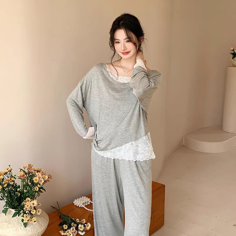 法式莫代尔睡衣女春秋套头长袖长裤露肩温柔蕾丝纯欲风家居服套装|undefined