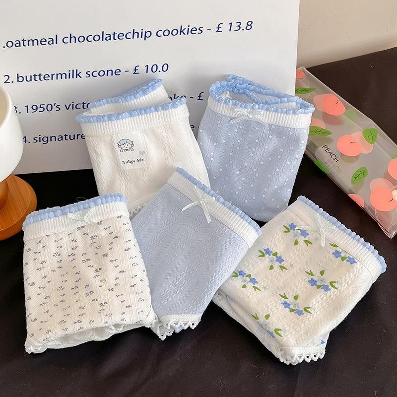 Cross-Border Women's Underwear, Pure Cotton Crotch, Blue Floral, Japanese Style, Sweet and Cute, Mid-Waist Briefs for Ladies