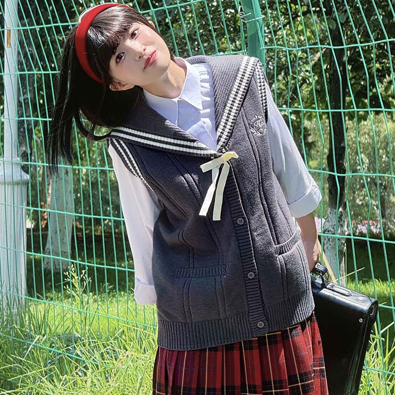 (2개) JK 오리지널 대학 스타일 크루 넥 니트 회색 조끼 가을 겨울 레이어링으로 따뜻한 일본식 부드러운 소녀를 유지합니다.