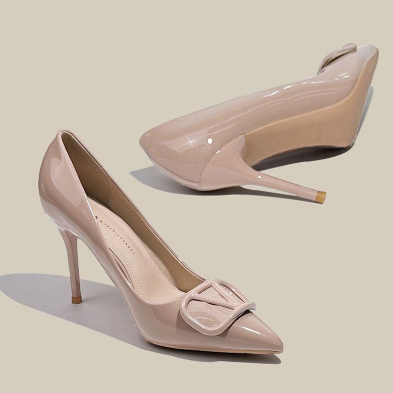 2026 New Patent Leather Sexy Shallow V-Strap Elegant Socialite Pointed Toe Thin Heel Nude High Heels for Women