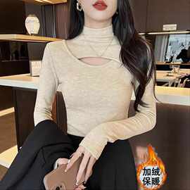 半高领加绒打底衫女秋冬新款镂空高级感修身洋气内搭磨毛长袖T恤