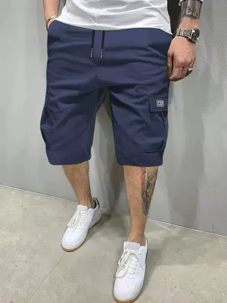 Cross-Border European Size Men's Summer Workwear Shorts, Solid Color Drawstring Casual Shorts, Trendy Brand, Multi-Pocket, Loose Straight Fit
