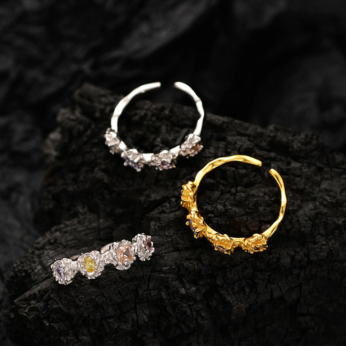 J1322 Korean version of ins niche colored diamond ring for women, non-fading 925 sterling silver colored zircon bracelet new cross-border product