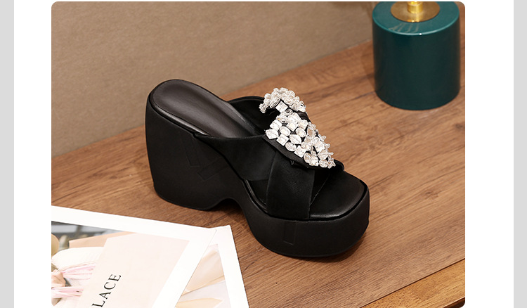 Sandal cao gót nữ đính đá hở mũi quai chéo nơ bướm đế dày — màu đen chi tiết 10