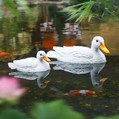屋外の庭の魚の池の築山の噴水の水槽の造景の浮水のアヒルの置物の白鳥の水の池の流水の装飾品