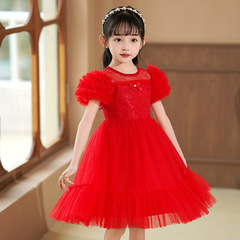 夏季女童連衣裙2024洋氣兒童蕾絲公主裙泡泡袖時尚禮儀蓬蓬跳舞裙