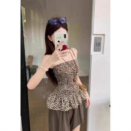 【厂家直销】斜纹锻辣妹复古豹纹抹胸背心女