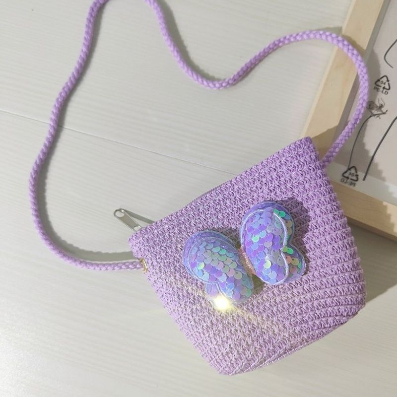 Summer children's sequin butterfly woven beach bag for girls, outdoor fashion, cute, versatile, trendy, internet-famous coin purse