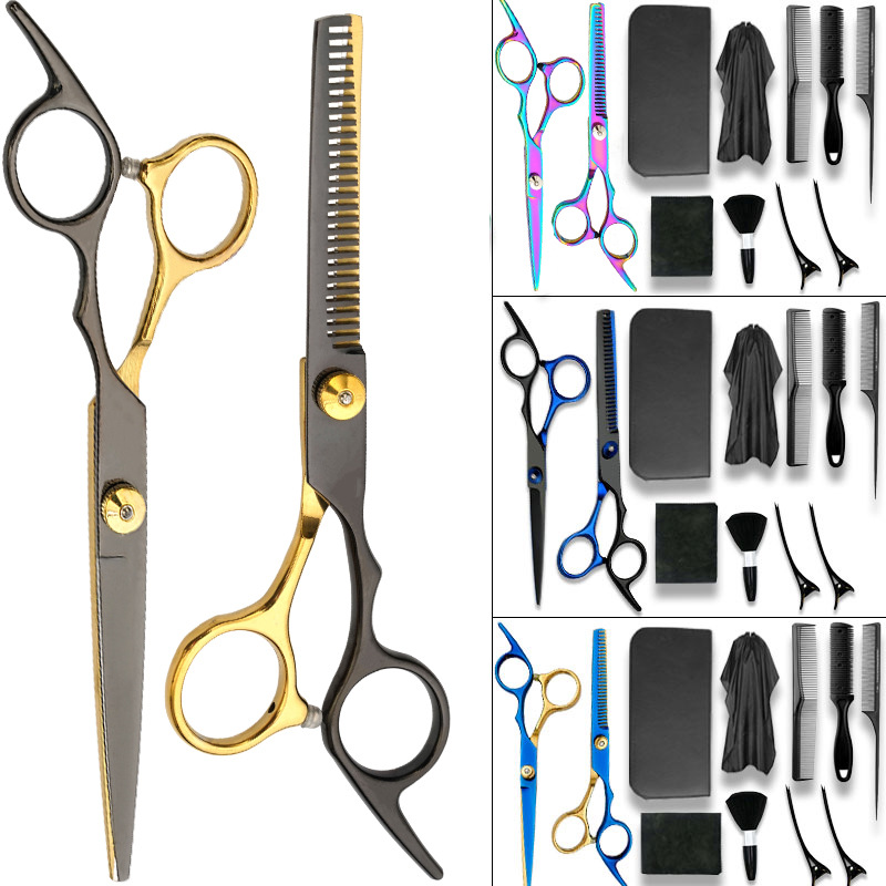 Tijeras de peluquería al por mayor de fábrica, tijeras planas de acero inoxidable, conjunto de adelgazamiento de gama media, corte de peluquería, multiusos