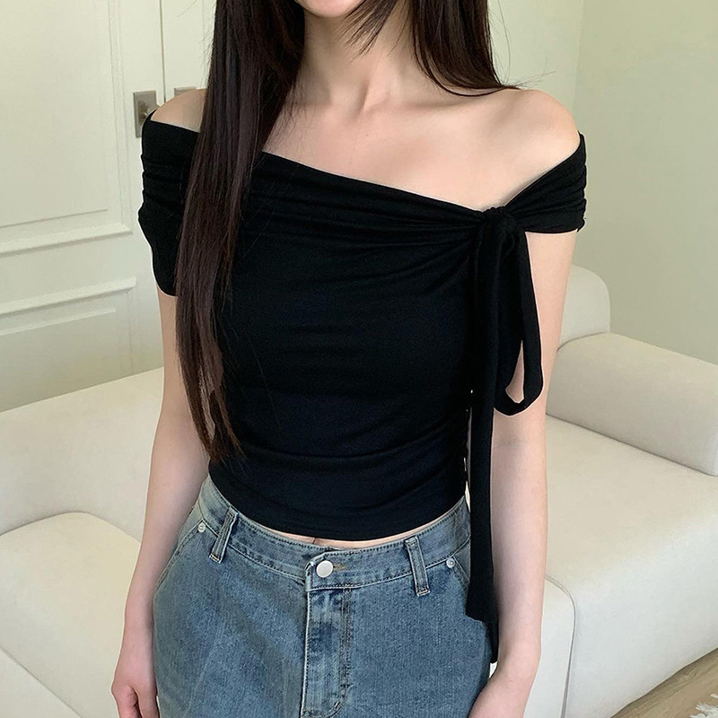 2026 Korean Version Of Chic Design Sense Asymmetrical Knotted Straps Off-the-shoulder T-shirt Pleated Waist Versatile Knitted Top_ecoleips.com