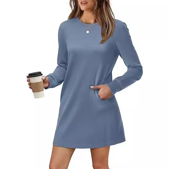 2025 ヨーロッパとアメリカの貿易クロスボーダー婦人服アマゾン爆発ラウンドネックバックプリーツポケット長袖スウェットシャツドレス|undefined