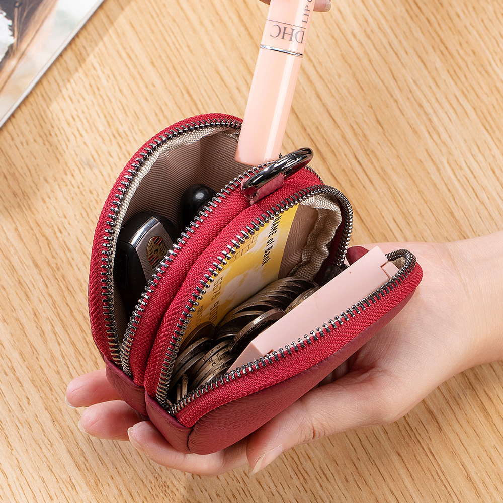 2024 New Genuine Leather Coin Purse Hanging Small Round For Women Double Zipper Earphone Storage Bag Mini Wallet_voghion.com