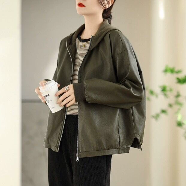 Polyurethane spring jacket with hood, cardigan, Korean style, oversize