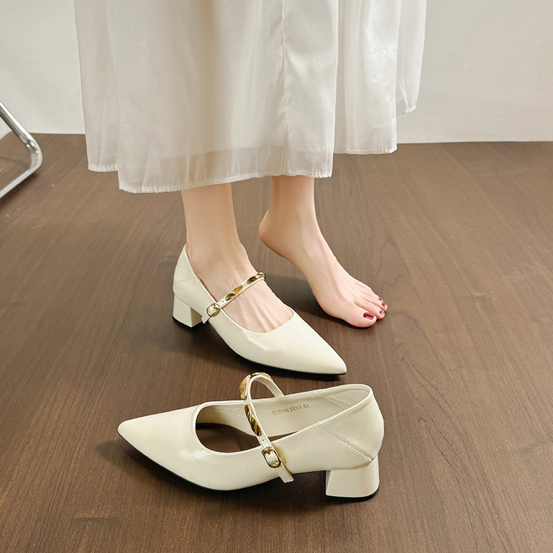 Zapatos de mujer coreanos de tacón grueso, nuevos zapatos de primavera y otoño con cabeza afilada y boca superficial con zapatos de tacón alto para mujeres.