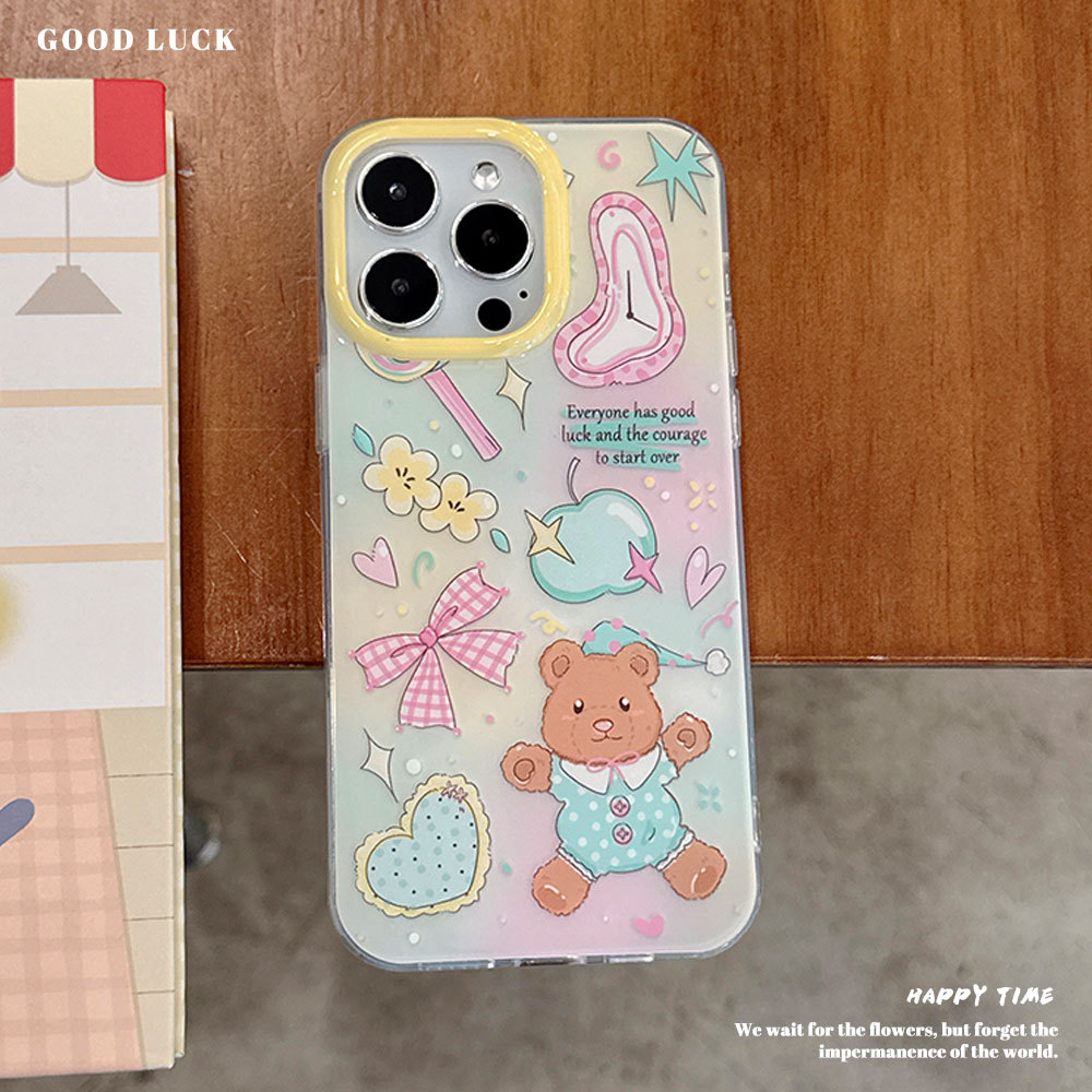 Custodia protettiva con cinturino con fiocco 3C Cartoon Bear compatibile con 16PM Cute 13 Phone Case 15 Pro_voghion.com