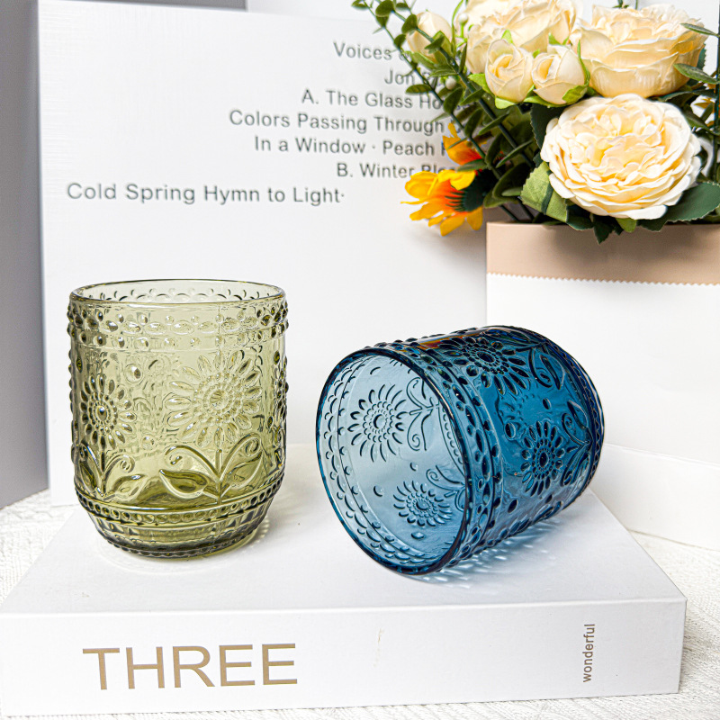 厂家批发向日葵彩色玻璃家用水杯果汁杯冷饮杯复古浮雕威士忌酒杯