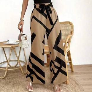 2025 European and American Fashion Foreign Trade Cross-Border Tiktok Amazon Aliexpress Elastic Waist Long Pants Printed Tie Wide-Leg
