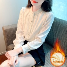 冬季新款韓版加絨加厚蕾絲打底襯衣立領泡泡袖上衣氣質顯瘦女小衫