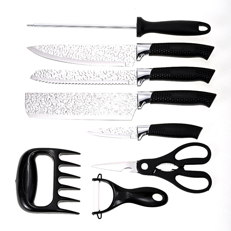 Juego de cuchillos de 8 piezas con mango de malla y patrón de martillo