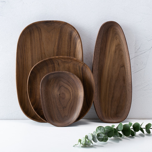 Black walnut tea tray solid wood round fruit tray dinner plate wooden tray solid wood new Chinese style personalized wooden tray