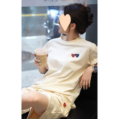 韩版时尚休闲运动服套装女夏季慵懒风宽松爱心刺绣短袖长裤两件套