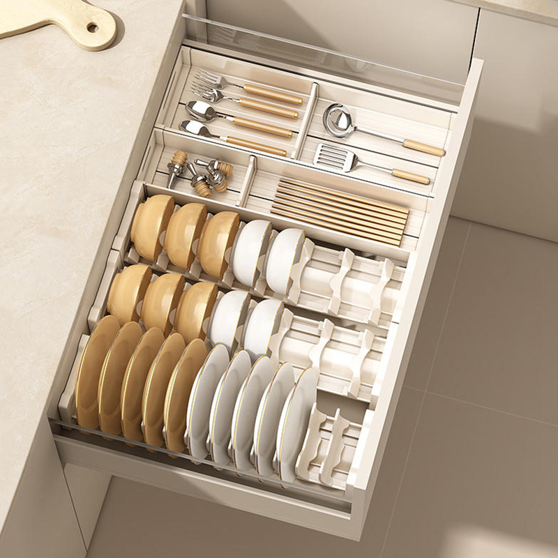 Estante de almacenamiento de platos para platos y cajón de cocina, partición de almacenamiento de platos integrada, estante de almacenamiento de platos y armario interno