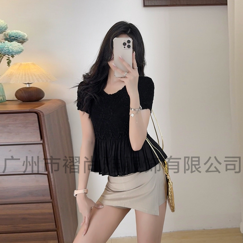 Factory Direct Supply 2025 Summer New Heavy Embroidery Pleated Top Sunflower Slim Waist Slimming Plus Size Women's T-Shirt